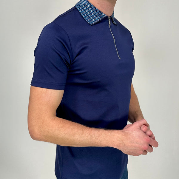 Navy Stitched Collar Zip Polo