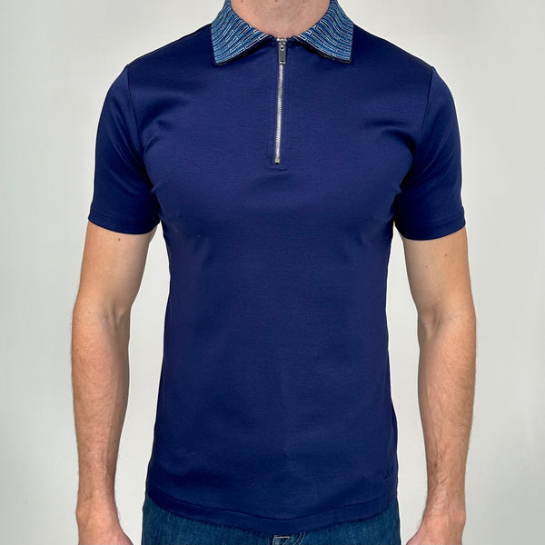 Navy Stitched Collar Zip Polo